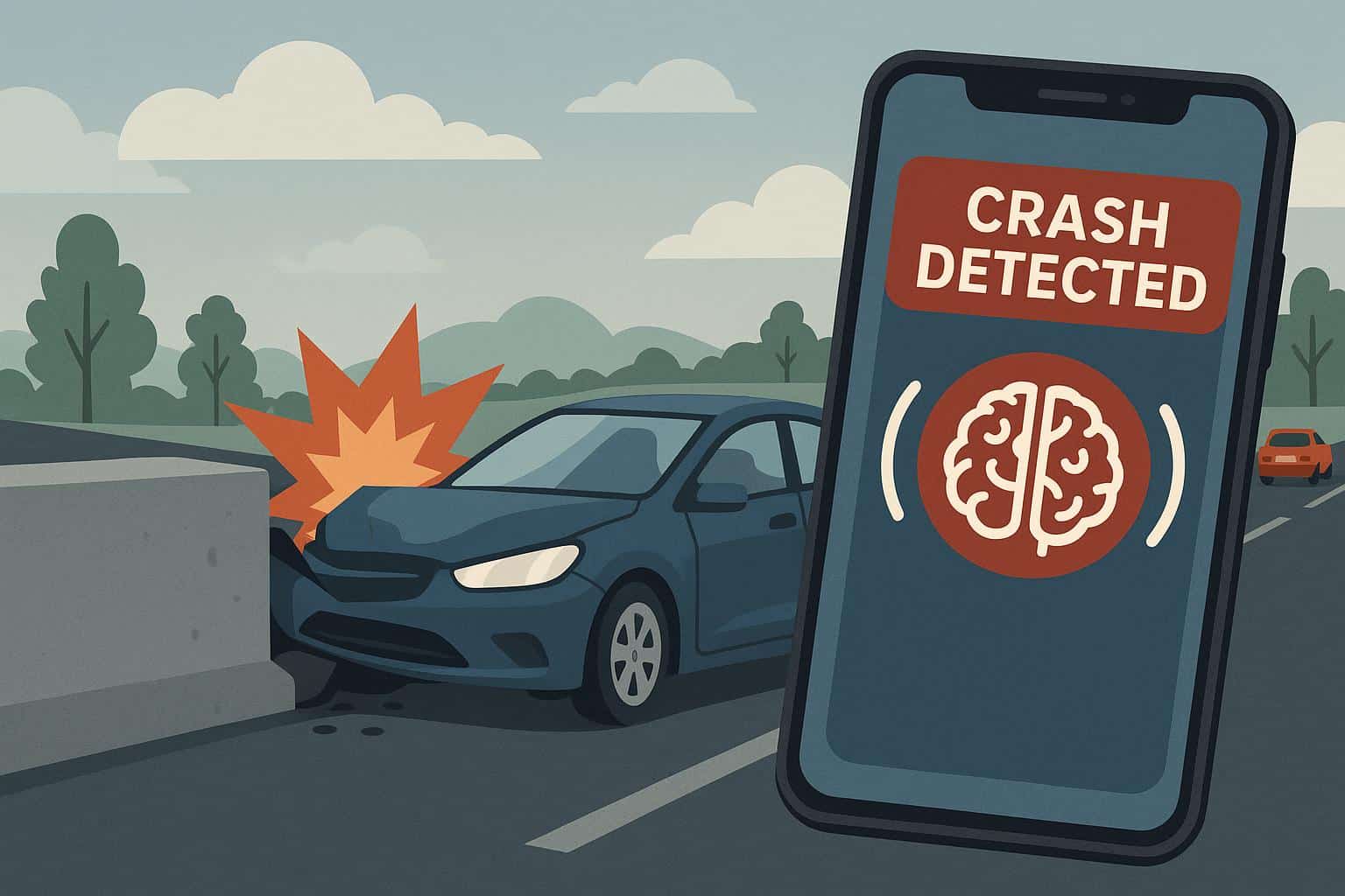 Smartphone displaying crash-detection alert screen in a car interior after an accident