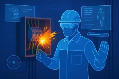 Electrical worker using augmented reality headset for safety training to prevent electrical burns
