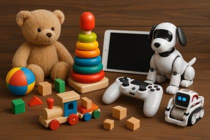 Colorful assortment of classic wooden toys and modern electronic gadgets for children’s play and learning
