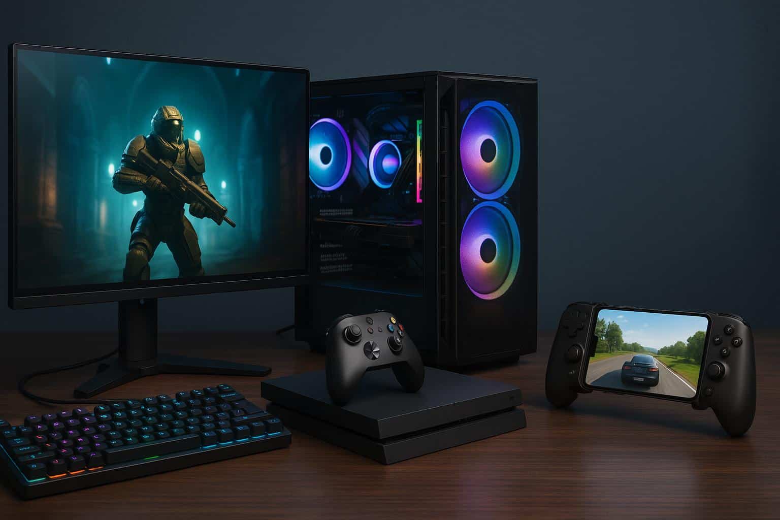 PC, console, and mobile gaming devices highlighting different player experiences and platforms