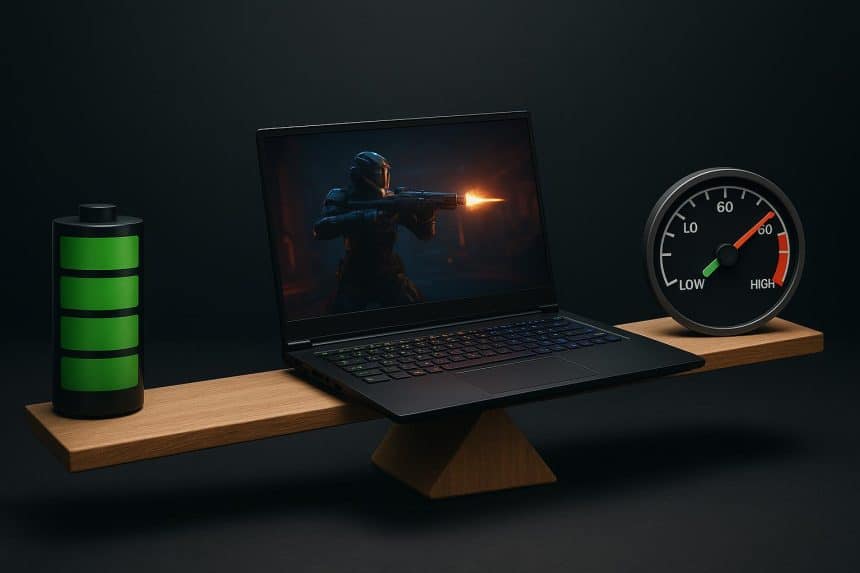 High-performance gaming laptop balancing battery life and performance settings on a desk