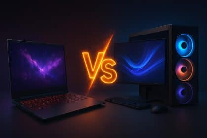 High-performance gaming laptop and desktop PC side by side with futuristic lighting effects