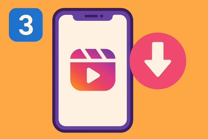 Smartphone screen showing Instagram Reels download process with step-by-step interface elements