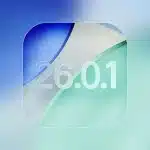 iOS 26.0.1 update logo on a blue and green gradient background.