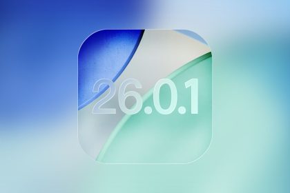 iOS 26.0.1 update logo on a blue and green gradient background.