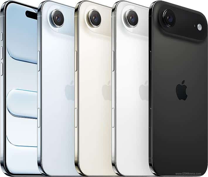 iPhone Air models in multiple colours lined up side by side.