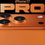 Close-up of the orange iPhone 17 Pro Max with triple-camera system.
