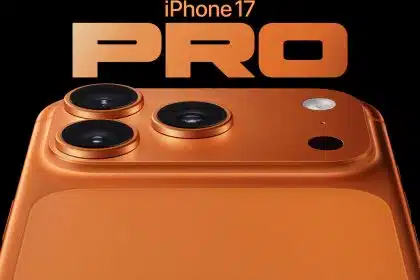Close-up of the orange iPhone 17 Pro Max with triple-camera system.