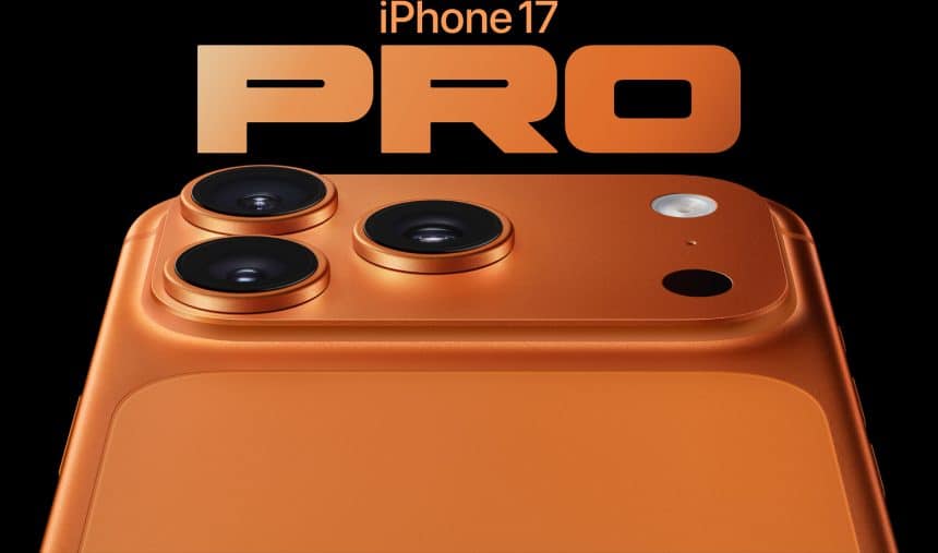 Close-up of the orange iPhone 17 Pro Max with triple-camera system.