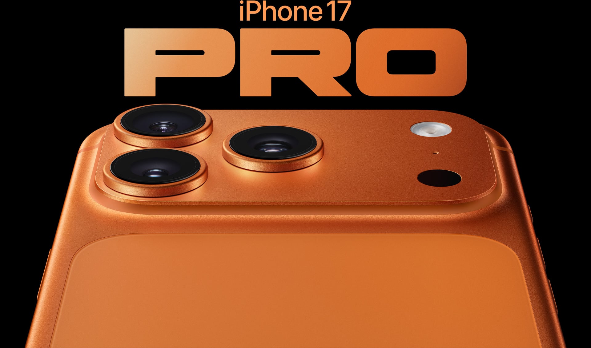 Close-up of the orange iPhone 17 Pro Max with triple-camera system.