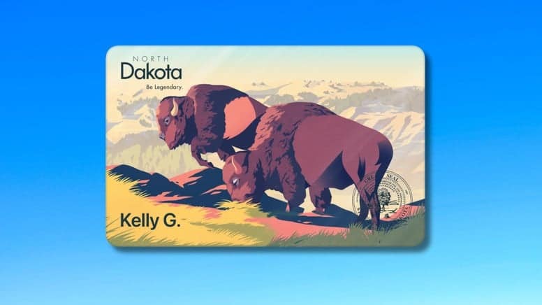 North Dakota driver’s license with bison artwork.