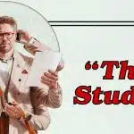 Poster of Apple TV+ comedy The Studio featuring Seth Rogen multitasking.