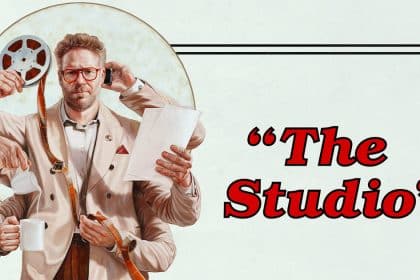 Poster of Apple TV+ comedy The Studio featuring Seth Rogen multitasking.