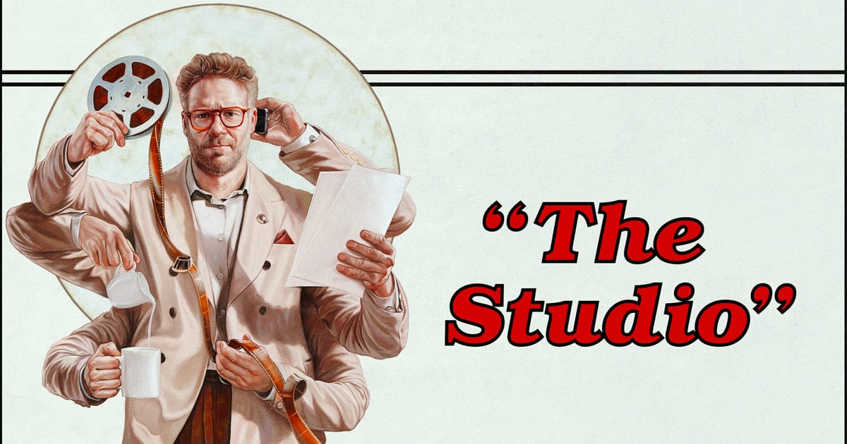 Poster of Apple TV+ comedy The Studio featuring Seth Rogen multitasking.