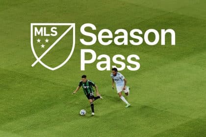 Two soccer players on a field with the MLS Season Pass logo displayed above them.