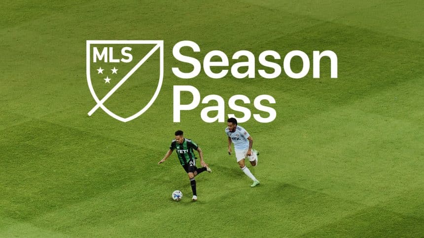 Two soccer players on a field with the MLS Season Pass logo displayed above them.