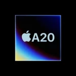 Apple A20 chip logo on a dark gradient background.