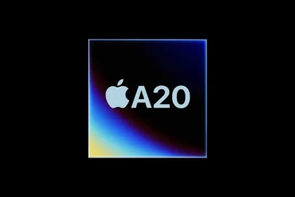 Apple A20 chip logo on a dark gradient background.