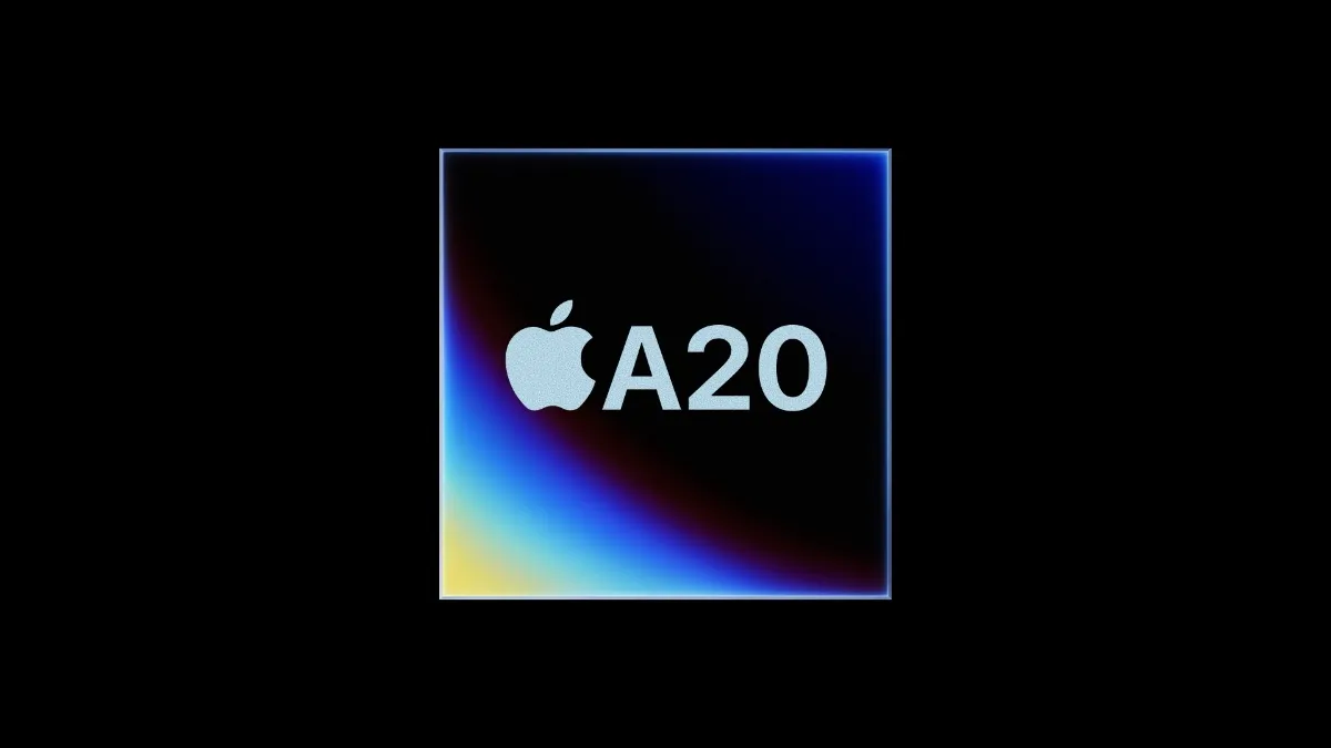 Apple A20 chip logo on a dark gradient background.
