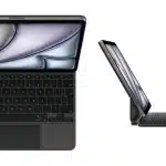 Black Magic Keyboard attached to an iPad Air, shown from top and side views.