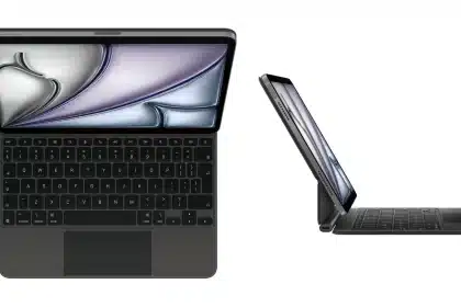 Black Magic Keyboard attached to an iPad Air, shown from top and side views.
