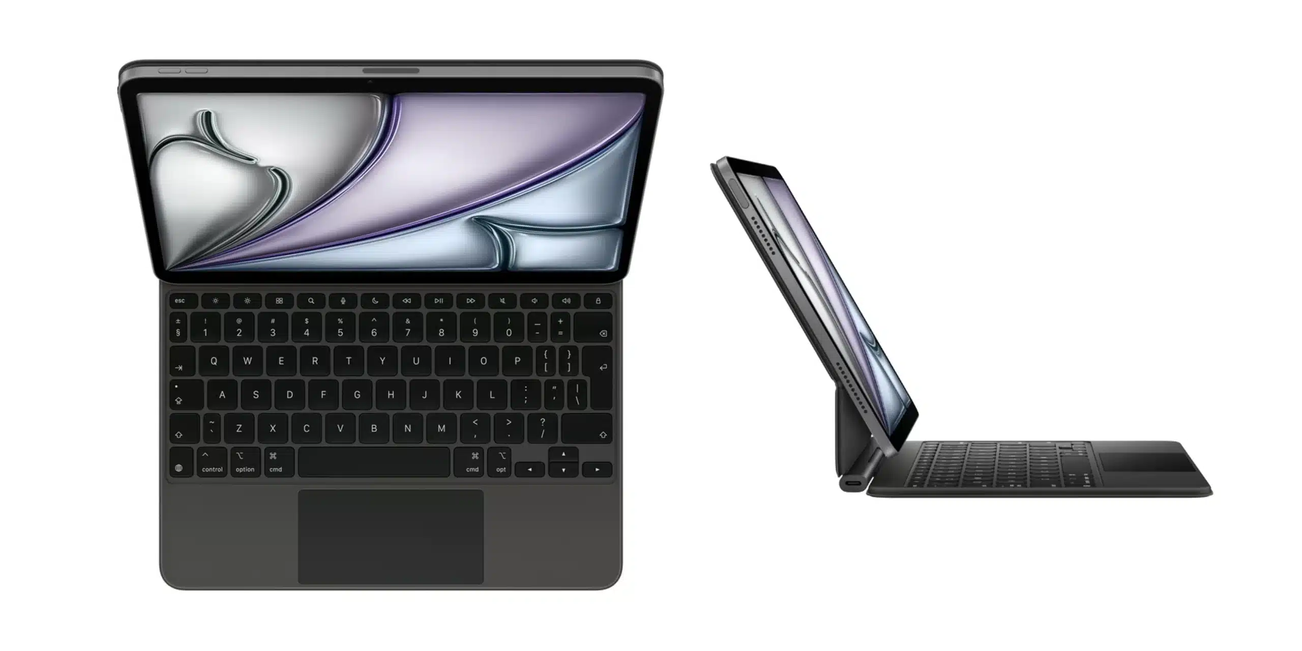 Black Magic Keyboard attached to an iPad Air, shown from top and side views.