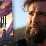 A poster of Last Flight Out beside a close-up of director Sam Hargrave.