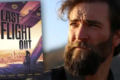 A poster of Last Flight Out beside a close-up of director Sam Hargrave.