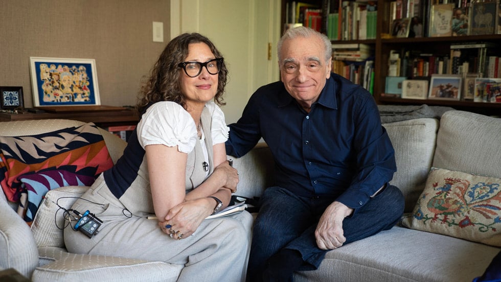 Martin Scorsese sitting on a couch with director Rebecca Miller.