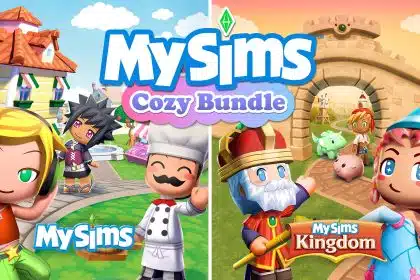 Colourful promotional image showing characters from MySims and MySims Kingdom with the text “MySims Cozy Bundle.”
