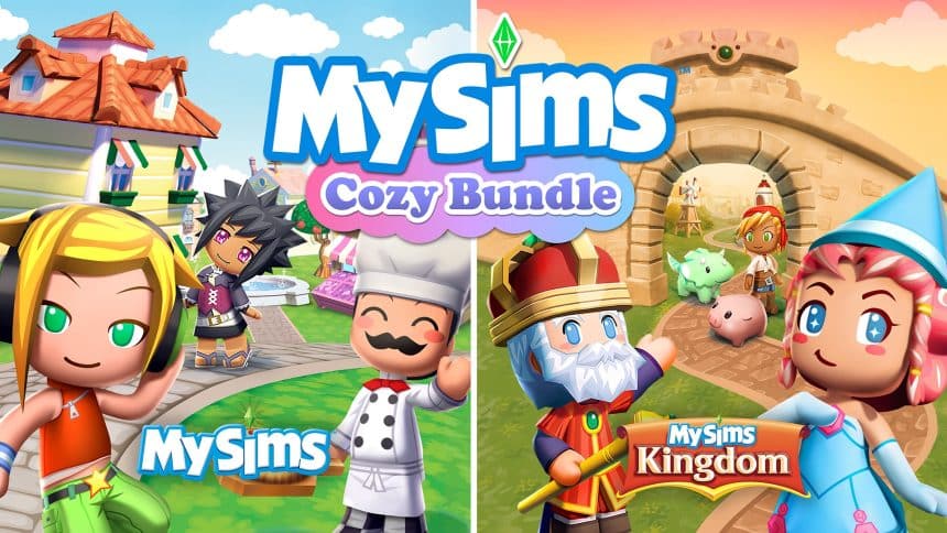 Colourful promotional image showing characters from MySims and MySims Kingdom with the text “MySims Cozy Bundle.”