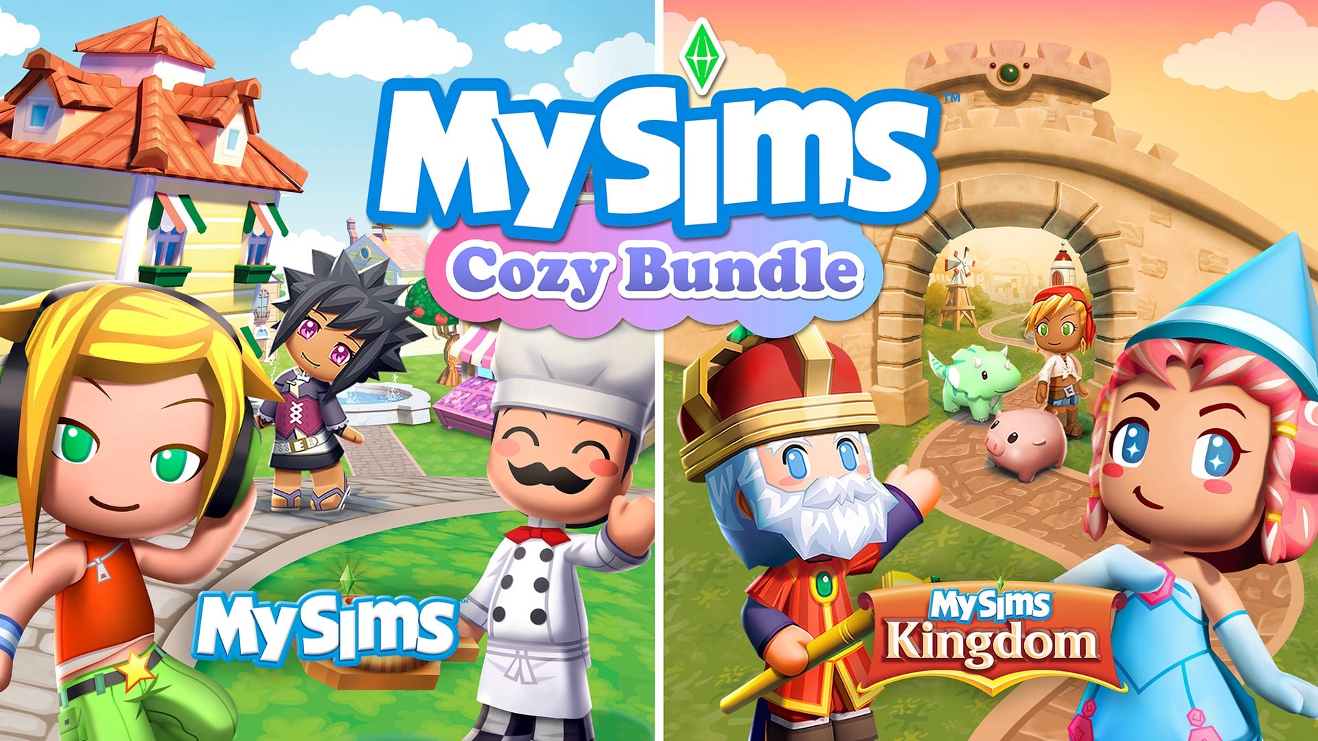 Colourful promotional image showing characters from MySims and MySims Kingdom with the text “MySims Cozy Bundle.”