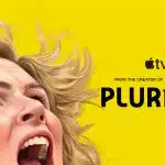 A stylized poster for Pluribus on Apple TV+, showing a close-up of a woman screaming against a bright yellow background.