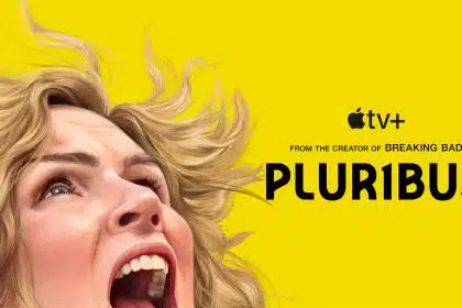 A stylized poster for Pluribus on Apple TV+, showing a close-up of a woman screaming against a bright yellow background.