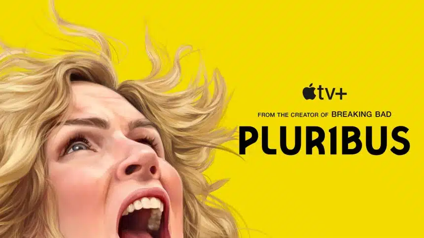 A stylized poster for Pluribus on Apple TV+, showing a close-up of a woman screaming against a bright yellow background.