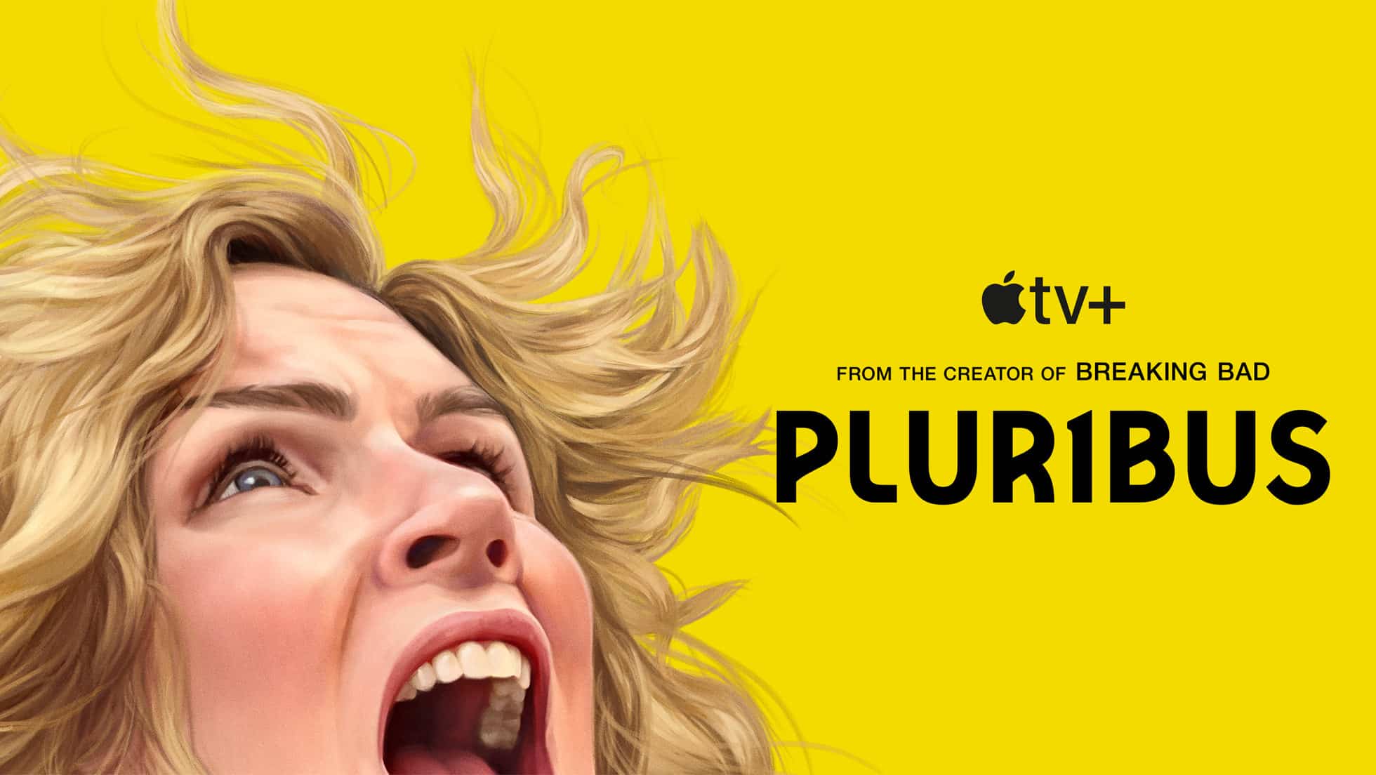 A stylized poster for Pluribus on Apple TV+, showing a close-up of a woman screaming against a bright yellow background.