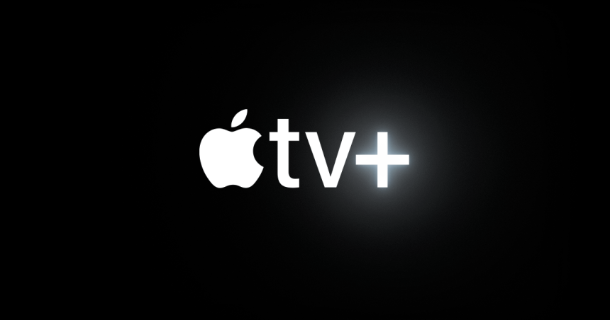 Apple TV+ logo glowing on a black background.