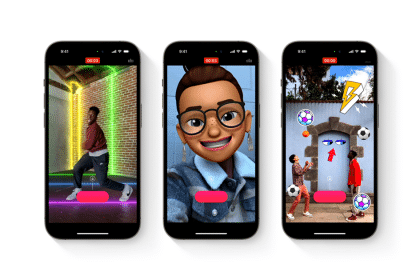 Three iPhones showing creative video edits made with Apple’s Clips app.