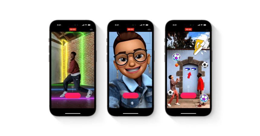 Three iPhones showing creative video edits made with Apple’s Clips app.