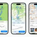Image showing Apple Maps with navigation routes and restaurant search results on iPhone screens.