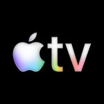 Apple TV logo with a colourful gradient on a black background.