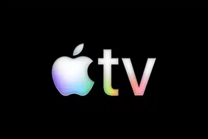 Apple TV logo with a colourful gradient on a black background.