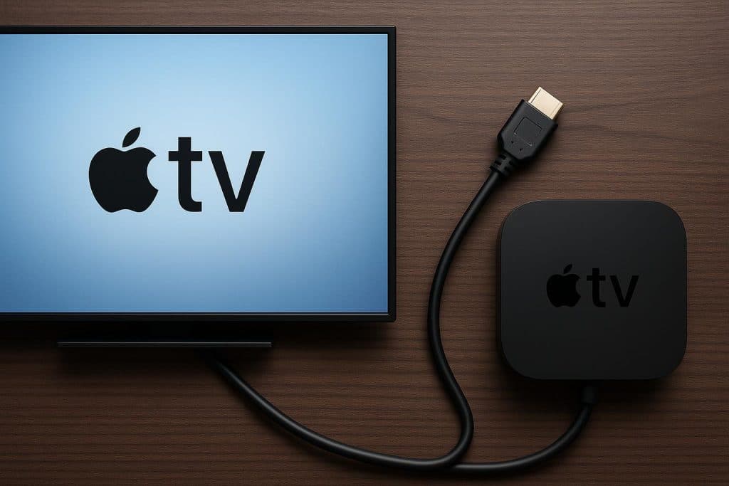 Close-up of HDMI cable connected to Apple TV streaming device on a modern television stand