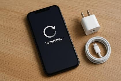 iPhone reset process screen with settings menu, preparing device for sale and data erasure