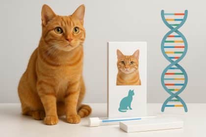 Orange tabby cat with DNA double helix graphic representing cat genetics and DNA testing kit