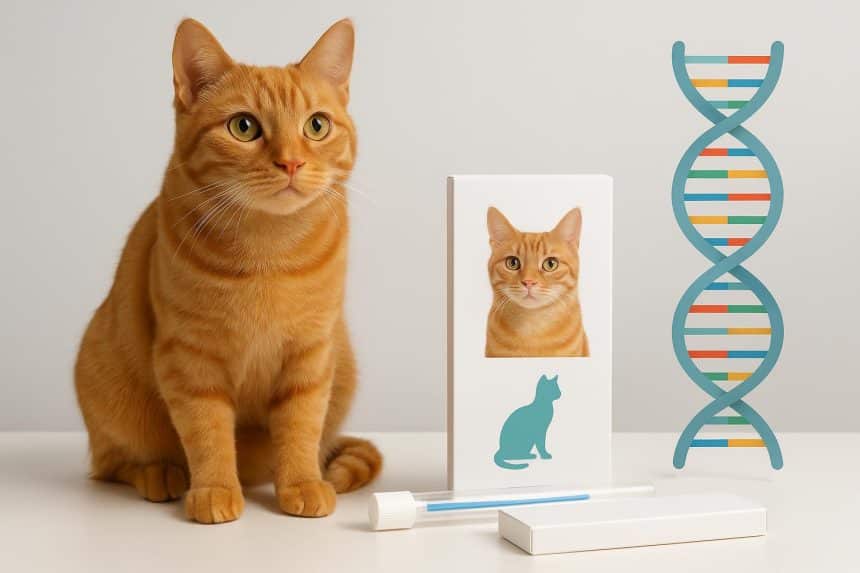 Orange tabby cat with DNA double helix graphic representing cat genetics and DNA testing kit