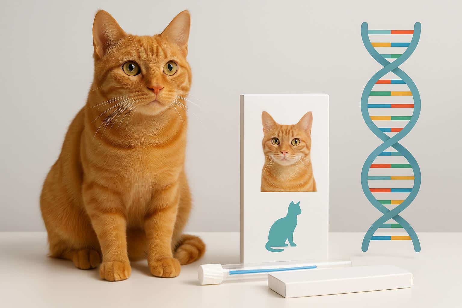 Orange tabby cat with DNA double helix graphic representing cat genetics and DNA testing kit