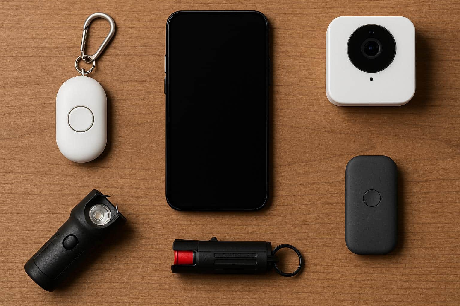 Smartphone with safety apps, personal alarm device, and backpack for college student security