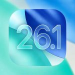 iOS 26.1 logo with blue and green gradient background.