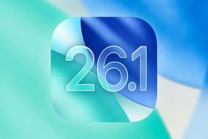 iOS 26.1 logo with blue and green gradient background.